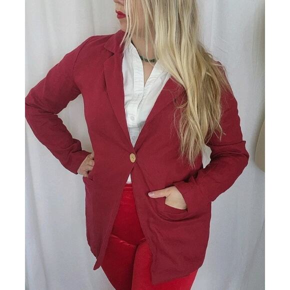MANTAIKOTAI Linen Blazer S Red Staple Workwear Office Summer Classic Preppy - Picture 9 of 11